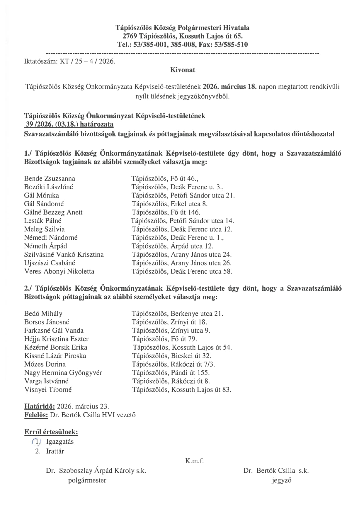 39 2026. 03.18. testületi határozat szszb tagok megválasztása