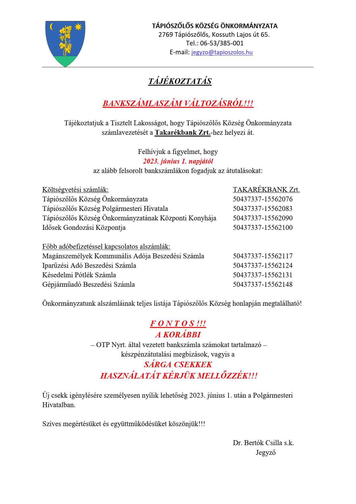 Bankszámlaszám változás