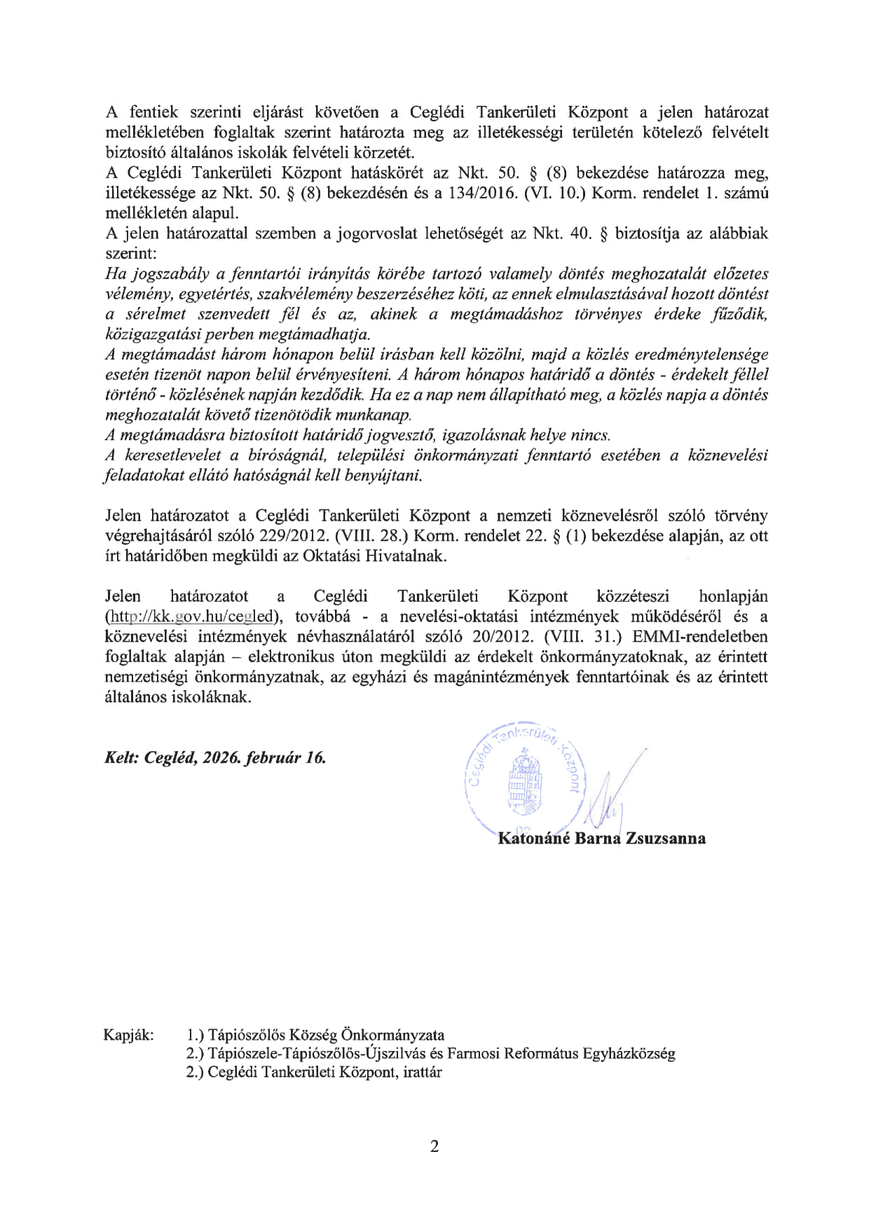 Ceglédi Tankerületi Központ körzethatár kijelölés2026 2027 határozat 2. oldal