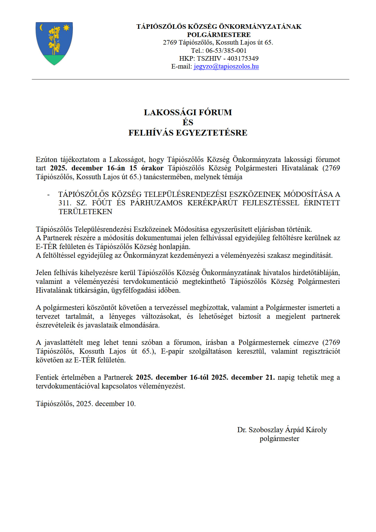 Lakossági fórum meghívó egyeztetési eljárás