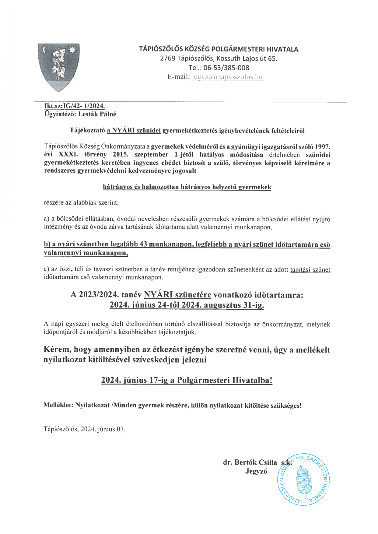 Tájékoztatás szünidei étkeztetésről