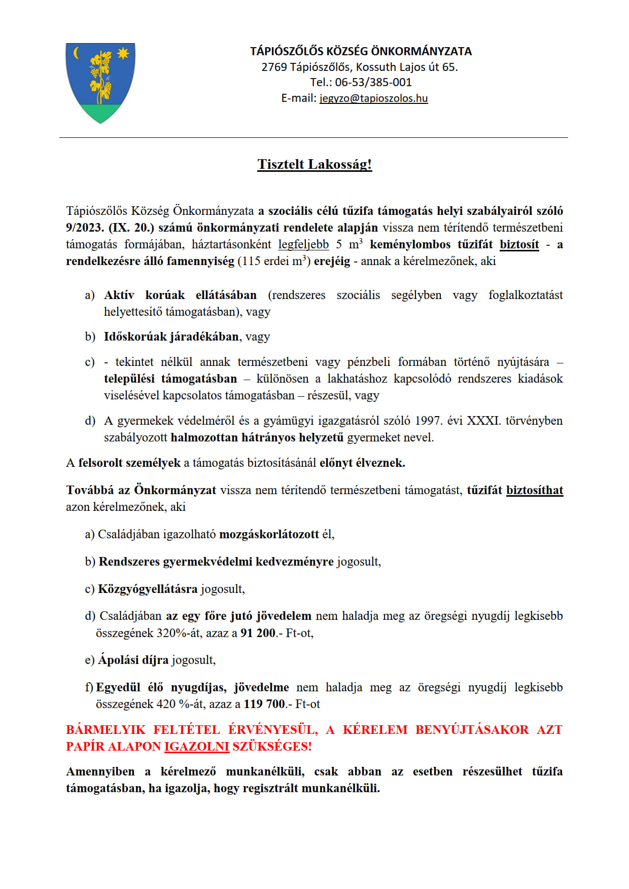 Tűzifa tájékoztató 2023